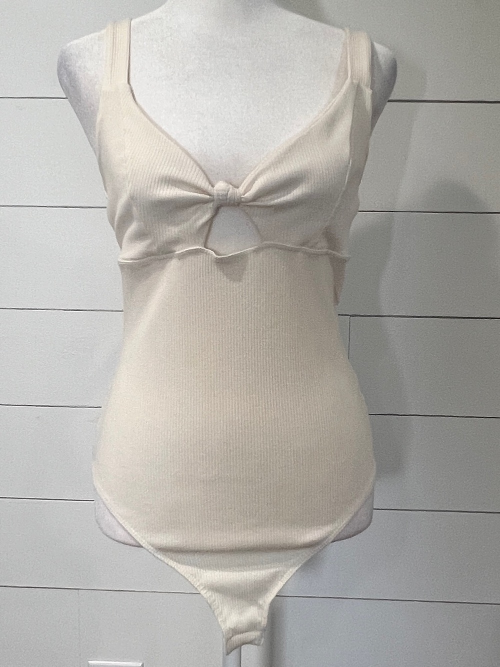 Lulus Soft Ribbed Tie-Front Bodysuit in Cream